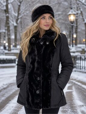 Montanaco NWT Black Coat with Faux Fur Trim-Small